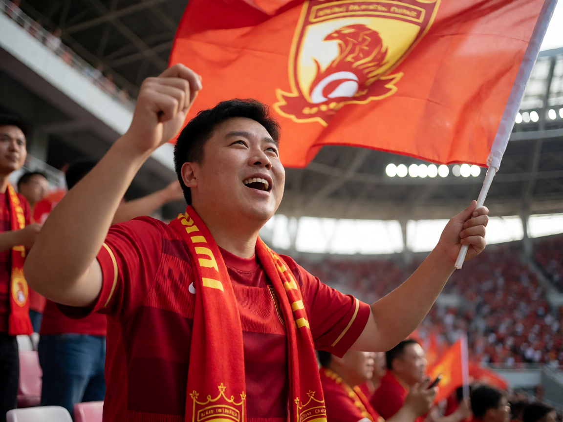 球迷在体育场挥舞旗帜庆祝
